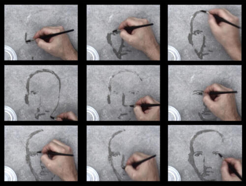 A grid of nine color images showing a hand painting with a brush the outline of a face. 