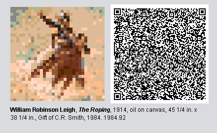QR code and pixelated image of "The Roping" by William Robinson Leigh