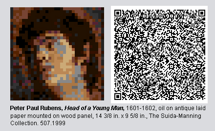 QR Code and pixelated image of "Head of a Young Man" by Peter Paul Rubens.