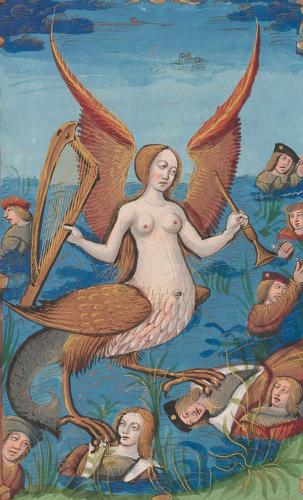 A siren is depicted at the edge of a body of water she has a human upper body with angel wings and hold in one hand a harp and the other a trumpet. Her lower half is bird like with a mermaid tail. Underneath her talons lie the bodies of dead men.