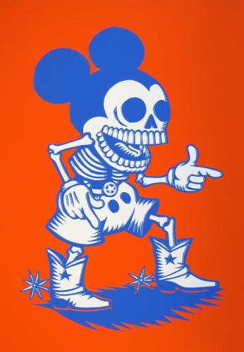 A print showing Mickey Mouse as a skeleton, wearing cowboy boots